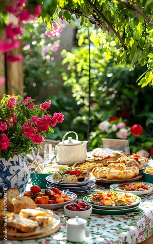 A Sunday brunch setup in the garden, with fresh flowers, colorful dishes, and smiling faces, Sunday brunch outdoors, joyful gathering