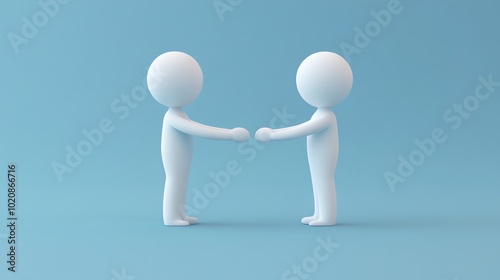 Two 3D figures, facing each other, shake hands against a light blue background.