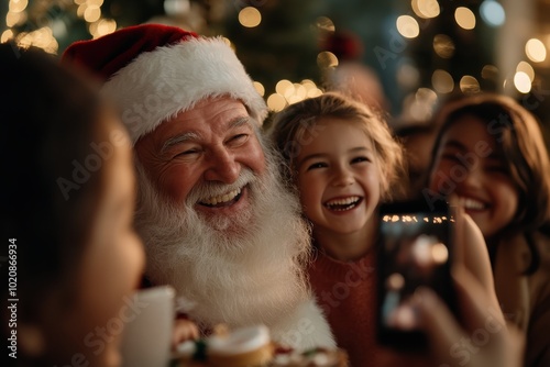 Santa Claus, surrounded by smiling children, spreads joy and laughter amidst festive holiday decorations, capturing a moment of cheerful and heartwarming celebration.