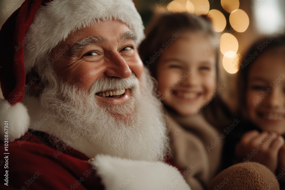 Santa Claus, in a jolly mood, poses for a photo with ecstatic children, set against a beautifully lit and decorated Christmas backdrop, embodying festive cheer and joy. Santa Claus, in a jolly mood, poses for a photo with ecstatic children, set against a beautifully lit and decorated Christmas backdrop, embodying festive cheer and joy.