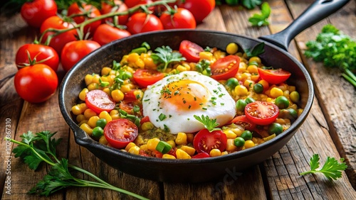 A single perfectly cooked egg nestled amongst a vibrant medley of yellow corn kernels, bright green peas, and juicy red cherry tomatoes, all resting in a rustic cast iron skillet.