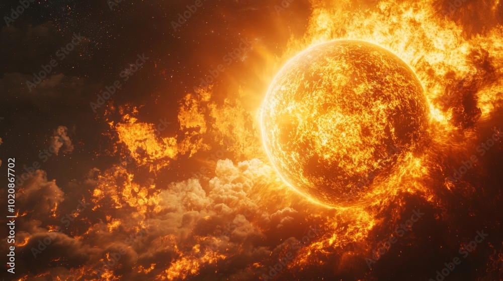 A planet being consumed by its sun, with intense heat and fire A planet being consumed by its sun, with intense heat and fire