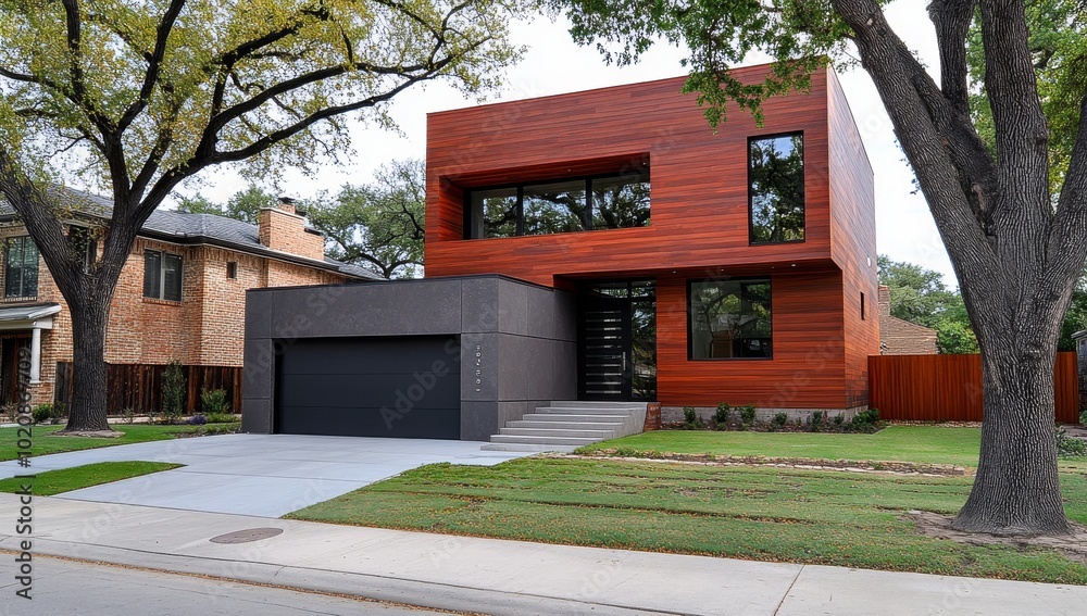 Modern House with Grey Garage Door and Wooden Front Entrance, Home Exterior Design Modern House with Grey Garage Door and Wooden Front Entrance, Home Exterior Design