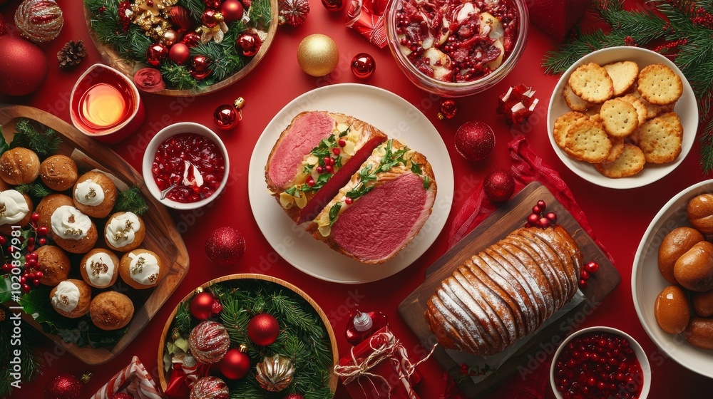 Festive Christmas dinner table with holiday dishes and decorations