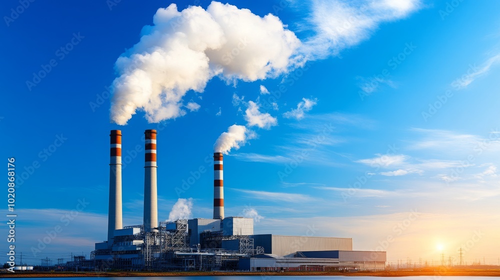 Industrial Power Plant with Smoke Stacks and Sunset Industrial Power Plant with Smoke Stacks and Sunset