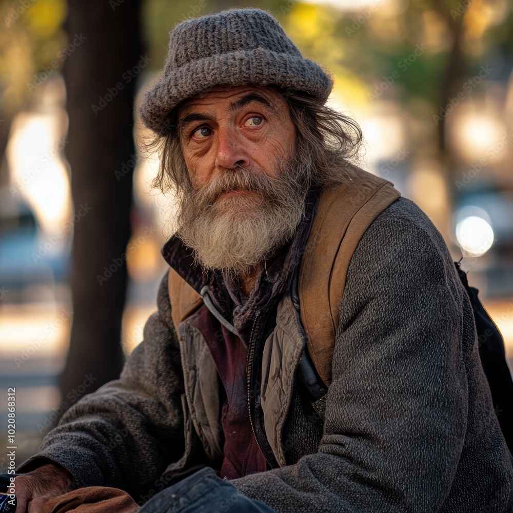 A poor, homeless, beggar man who has a beard and is wearing a hat is sitting on a bench A poor, homeless, beggar man who has a beard and is wearing a hat is sitting on a bench