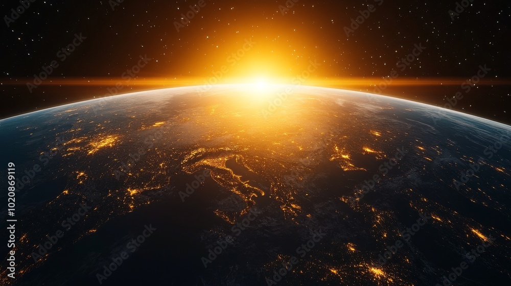 Obraz premium Earth From Space Sunrise City Lights Planet Night Sky