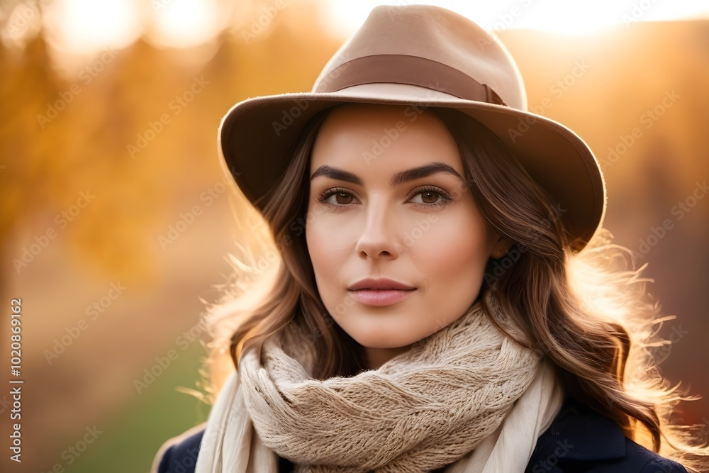 Close-up portrait of a beautiful woman with wavy brown hair and natural makeup, wearing a hat and scarf outdoors during sunset Close-up portrait of a beautiful woman with wavy brown hair and natural makeup, wearing a hat and scarf outdoors during sunset