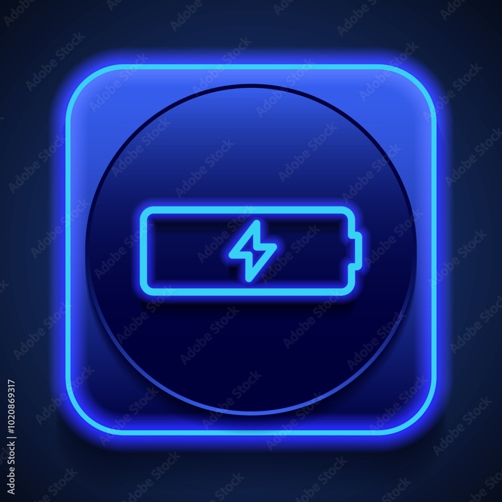 Battery simple icon vector. Flat design. Blue neon style on button. With shadow Battery simple icon vector. Flat design. Blue neon style on button. With shadow