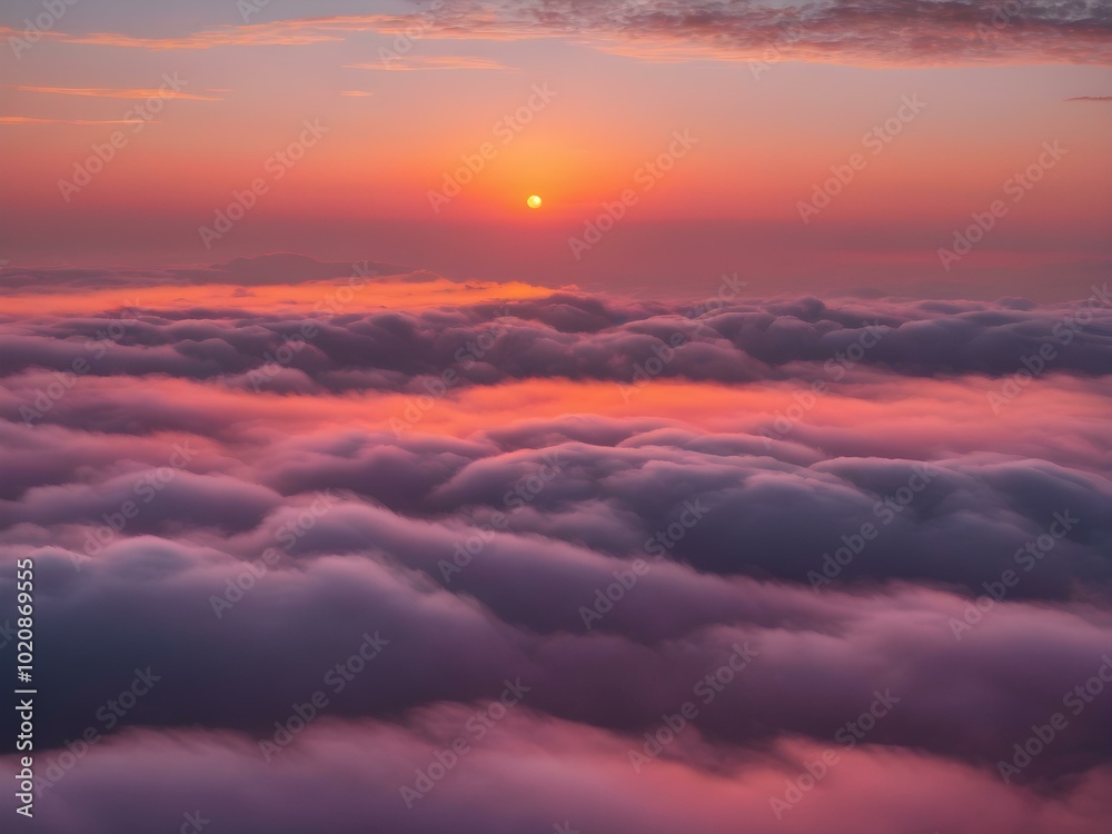 Fototapeta premium A peaceful early morning sky at dawn with low-hanging, fluffy clouds in soft shades of pink and orange, the sun just starting to peek over the horizon 