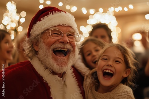 Santa, amidst a twinkling holiday backdrop, shares a joyful moment with laughing children, enveloped in a scene capturing the festive spirit and nostalgic warmth. photo