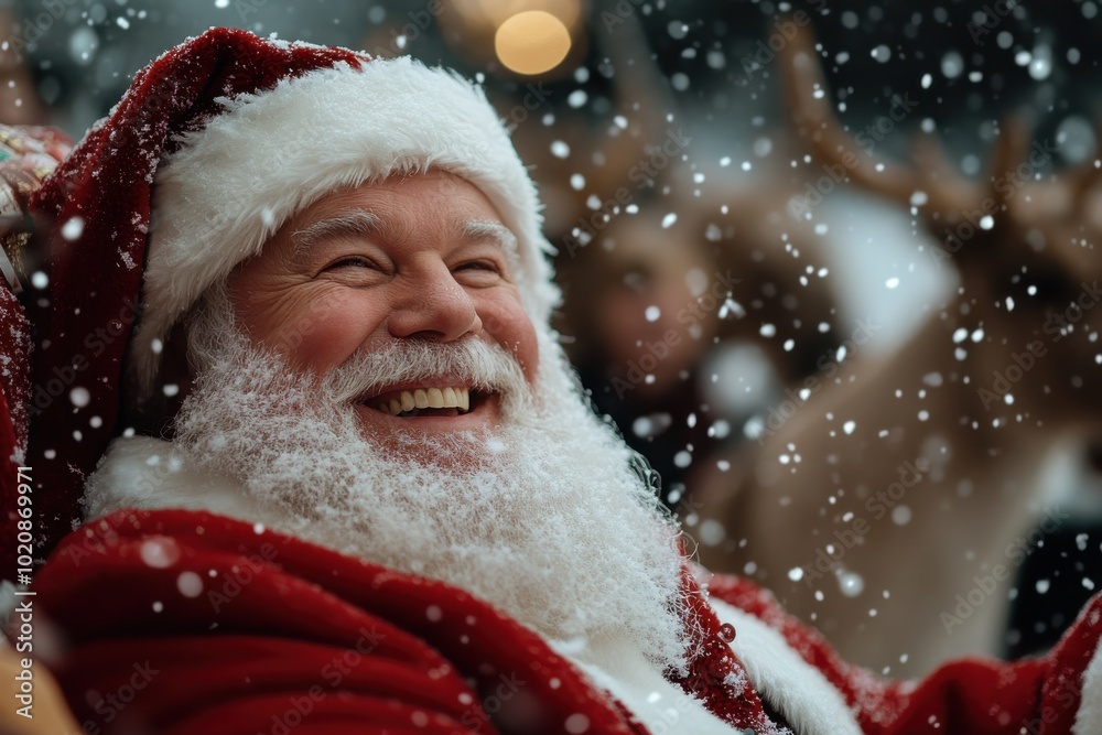 A gleeful Santa Claus reclines in snow, surrounded by reindeer, joyfully embracing the festive spirit in a winter wonderland scene filled with magic. A gleeful Santa Claus reclines in snow, surrounded by reindeer, joyfully embracing the festive spirit in a winter wonderland scene filled with magic.