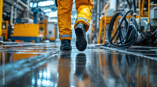 Worker walking over scattered cables on wet factory floor creating unsafe conditions and tripping hazard