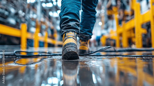 Worker walking over scattered cables on wet factory floor creating unsafe conditions and tripping hazard photo