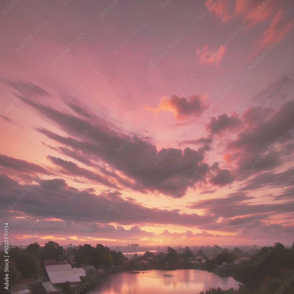 A peaceful early morning sky at dawn with low-hanging, fluffy clouds in soft shades of pink and orange, the sun just starting to peek over the horizon

