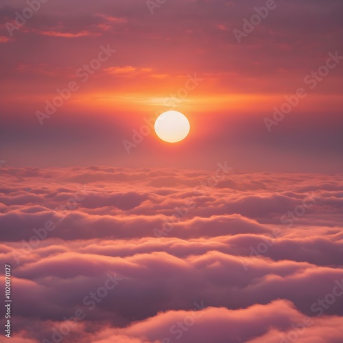 A peaceful early morning sky at dawn with low-hanging, fluffy clouds in soft shades of pink and orange, the sun just starting to peek over the horizon 