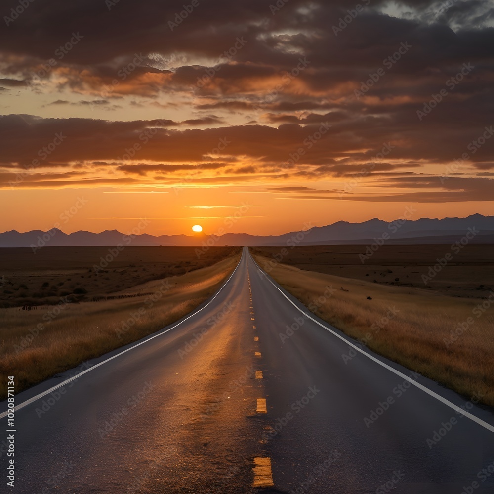 Fototapeta premium Lonely Empty Road Line Peaceful Street Highway route Sunset