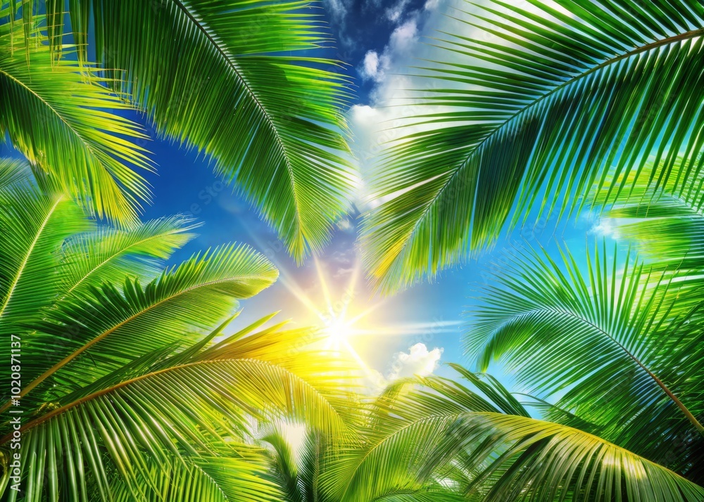A vivid blue sky serves as the backdrop for lush palm leaves, perfectly showcasing the tropical beauty in this captivating nature photography banner. A vivid blue sky serves as the backdrop for lush palm leaves, perfectly showcasing the tropical beauty in this captivating nature photography banner.