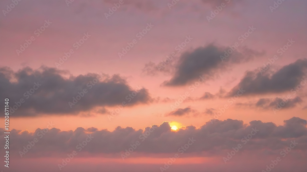 A peaceful early morning sky at dawn with low-hanging, fluffy clouds in soft shades of pink and orange, the sun just starting to peek over the horizon
