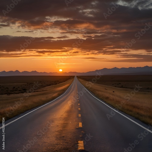 Lonely Empty Road Line Peaceful Street Highway route Sunset