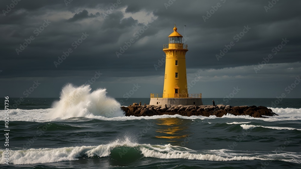 Naklejka premium Yellow Lighthouse Tower Coast Coastline near the Water