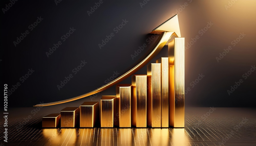 golden upward-trending arrow arching over a bar graph, also made of gold. The bars increase in height, showing significant growth golden upward-trending arrow arching over a bar graph, also made of gold. The bars increase in height, showing significant growth