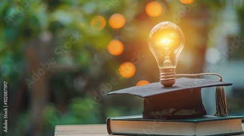 Educational learning and knowledge concept, innovation technology, science and mathematics concept, graduation cap with light bulb on book and learning icons in classroom.
