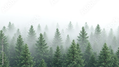 A foggy forest landscape with tall evergreen trees disappearing into the mist, creating a serene and mysterious atmosphere.