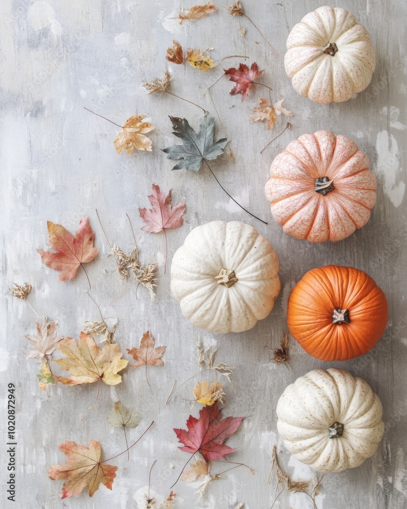 Autumn flat lay with pumpkins and dried leaves on a soft gray backdrop Autumn flat lay with pumpkins and dried leaves on a soft gray backdrop