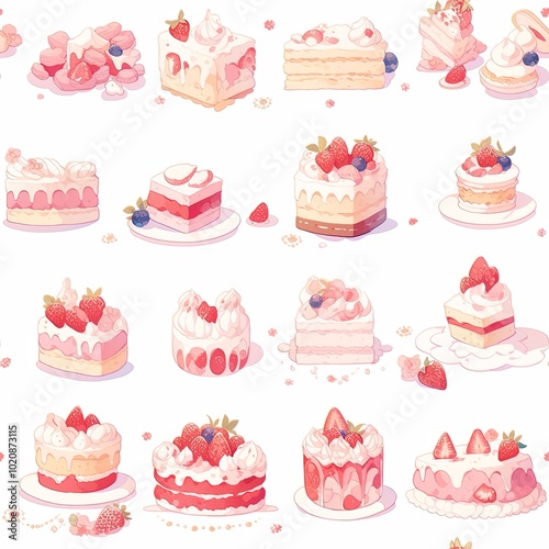 A delightful assortment of various cakes topped with strawberries and cream, featuring a whimsical, pastel aesthetic. Seamless pattern