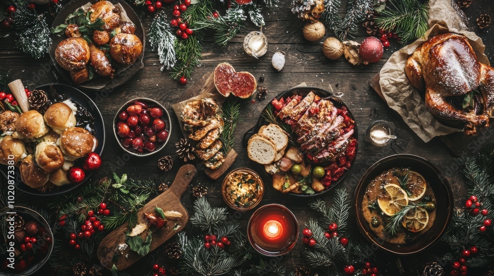 Rustic Christmas feast with turkey, bread, and festive sides Rustic Christmas feast with turkey, bread, and festive sides