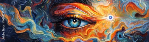 A mesmerizing, artistic representation of an eye, surrounded by vibrant and colorful cosmic swirls and celestial elements