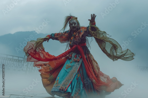 Tibetan masked dancer performing traditional ritual Cham dance dance in mountains, showcasing colorful attire and spiritual celebration, embodying ancient cultural heritage photo