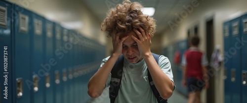 Distressed Student Experiencing Emotional Pain in School Hallway photo