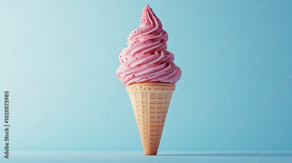 A pink ice cream cone is sitting on a blue background A pink ice cream cone is sitting on a blue background