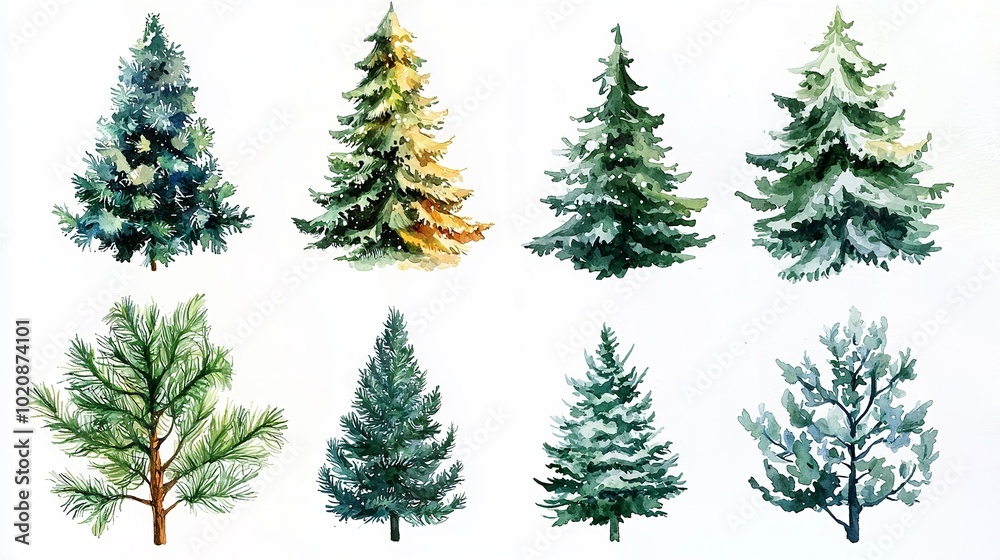 Scandinavian Watercolor natural set of green trees, birch and pine, mountain ash, forest. Winter vintage collection isolated on white background. Woodland design, Generative AI Scandinavian Watercolor natural set of green trees, birch and pine, mountain ash, forest. Winter vintage collection isolated on white background. Woodland design, Generative AI