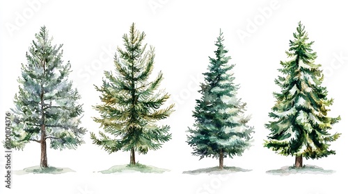 Scandinavian Watercolor natural set of green trees, birch and pine, mountain ash, forest. Winter vintage collection isolated on white background. Woodland design, Generative AI