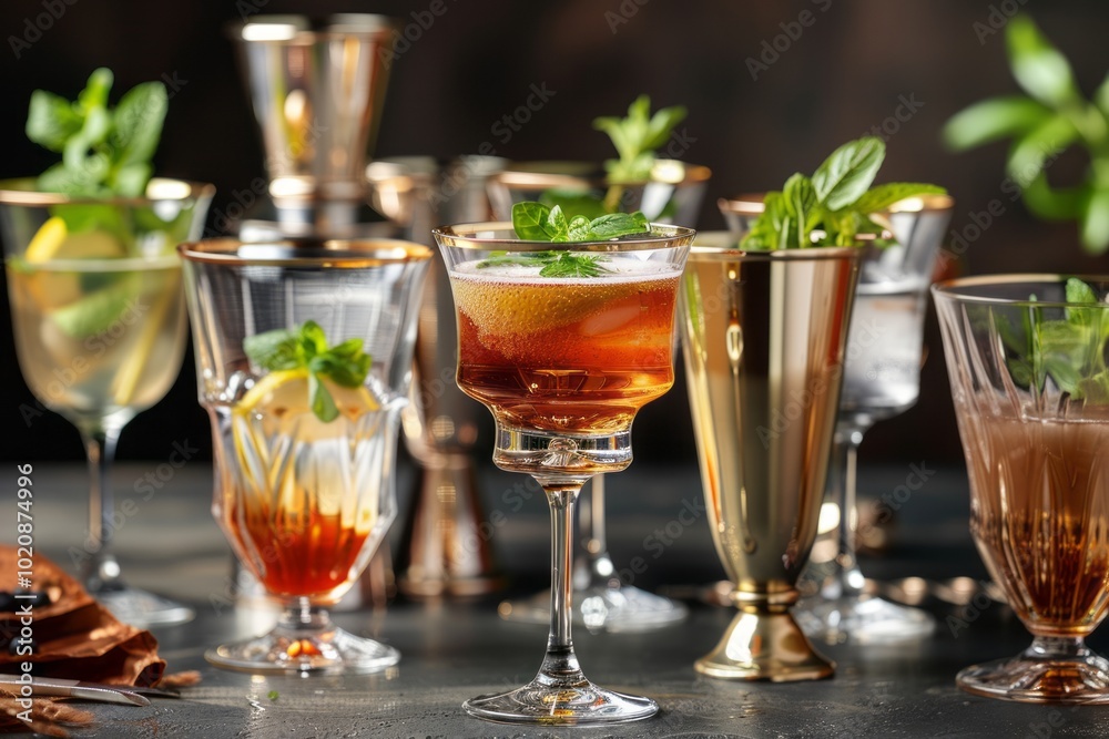 A series of elegant glasses, each containing a different style of Caesar cocktail A series of elegant glasses, each containing a different style of Caesar cocktail