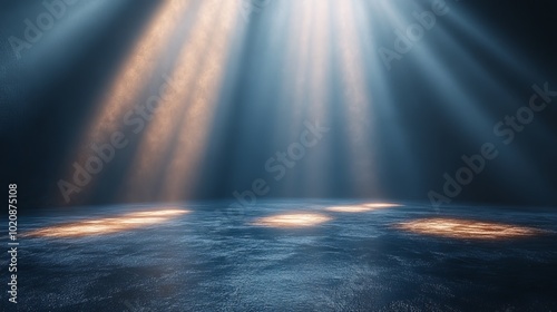 A dark room with a blue floor and a light shining on it