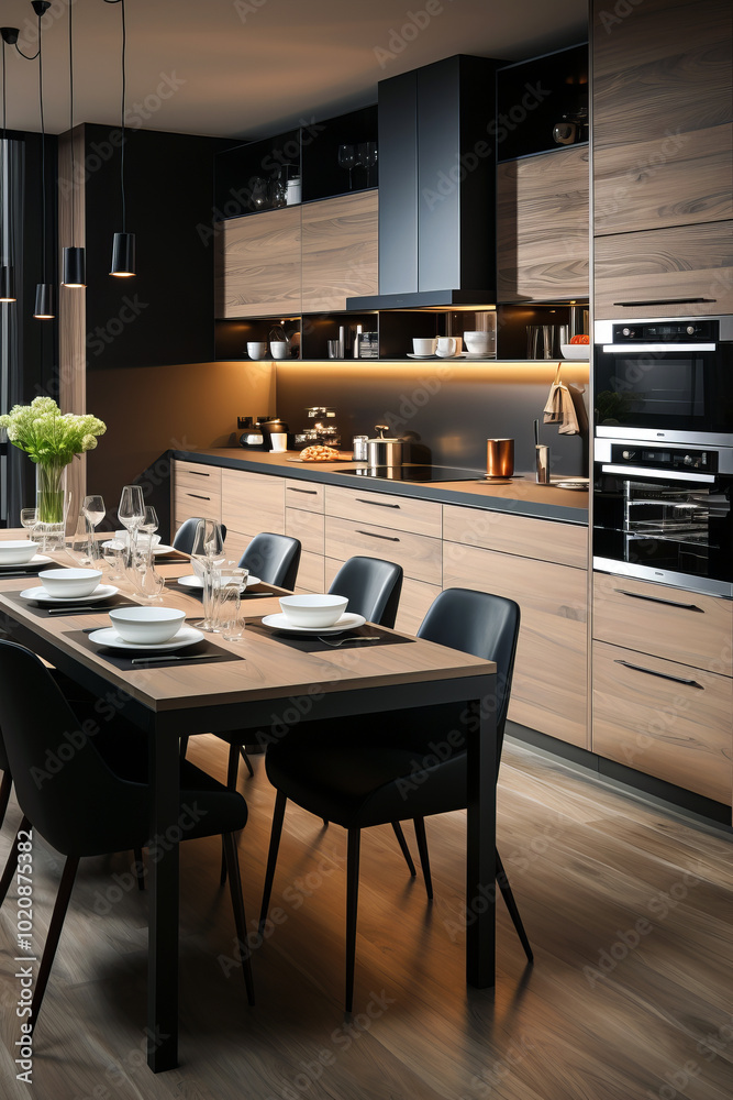 A modern kitchen with sleek wood cabinetry, a matching wooden dining table, ambient lighting, black accents, and stylish pendant lights, creating a warm and inviting dining space. A modern kitchen with sleek wood cabinetry, a matching wooden dining table, ambient lighting, black accents, and stylish pendant lights, creating a warm and inviting dining space.