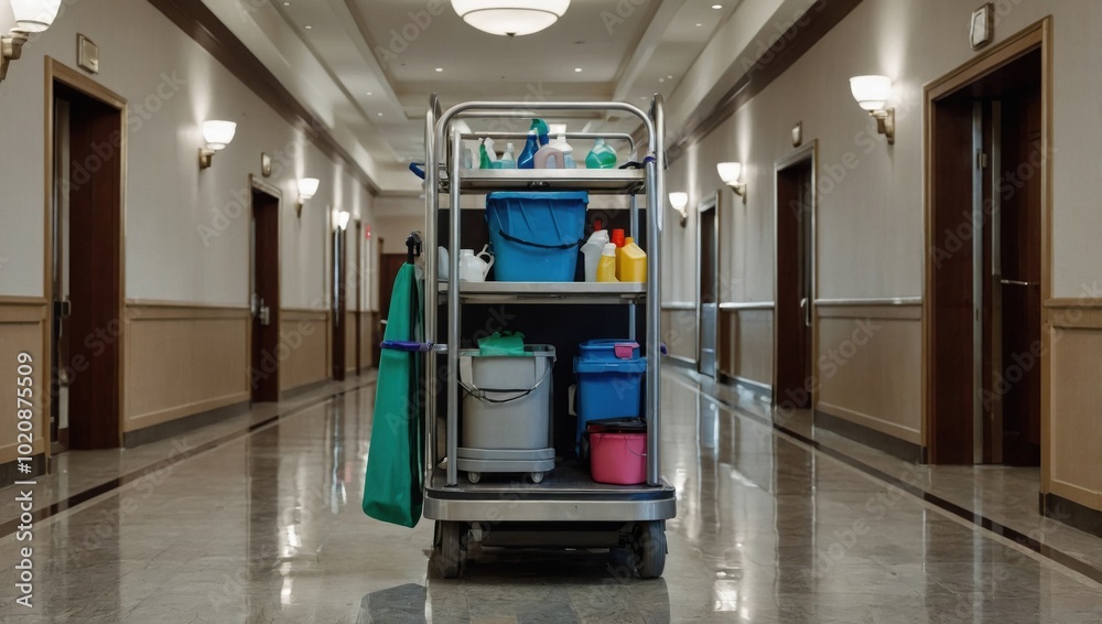 Obraz premium Cleaning crew cart in the hallway