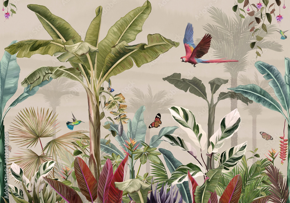 custom made wallpaper toronto digitalpattern tropical forest style wallpaper with palm trees, plants, birds, butterflies and macaw parrot pink on a beige background.