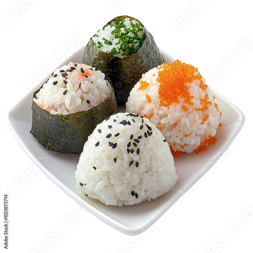 A plate of four colorful rice balls, wrapped in seaweed, showcasing various toppings like sesame seeds and fish roe.