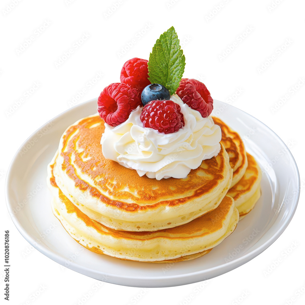 A stack of fluffy pancakes topped with whipped cream, raspberries, and a mint leaf on a white plate against a black background. A stack of fluffy pancakes topped with whipped cream, raspberries, and a mint leaf on a white plate against a black background.