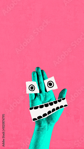 Photography Teal hand with cartoonish eyes and wide, toothy mouth on pink background