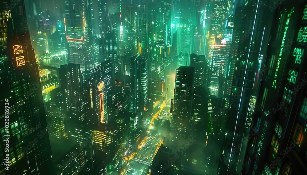 Obraz premium Futuristic Cityscape with Green Lights and Digital Interfaces