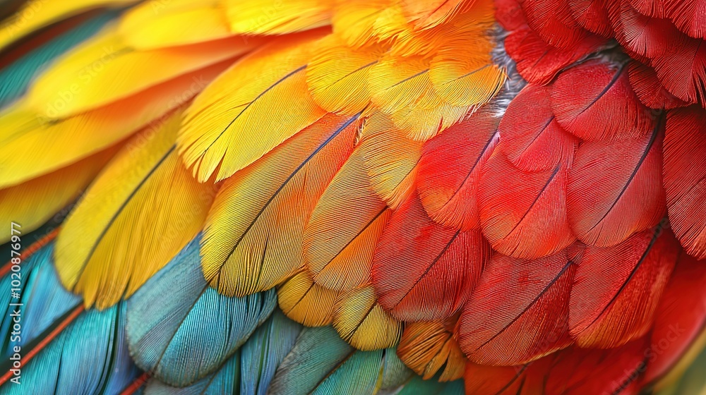 Obraz premium A vibrant close-up of colorful parrot feathers showcasing intricate patterns and a mesmerizing blend of red, orange, yellow, and blue hues.