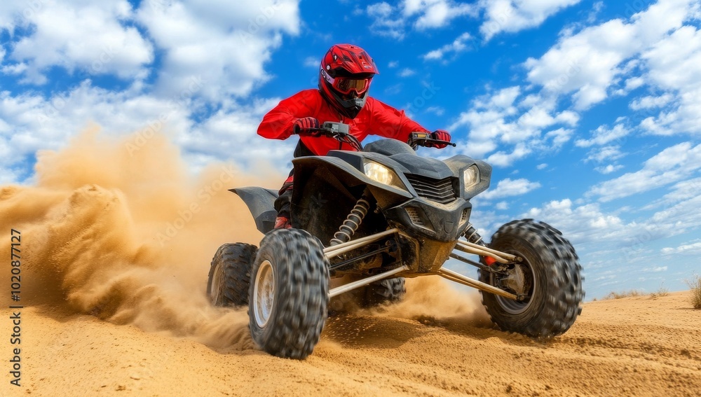 Action-Packed Scene of an Off-Road Adventure Featuring a Powerful Red-Colored ATV with Black Wheels Action-Packed Scene of an Off-Road Adventure Featuring a Powerful Red-Colored ATV with Black Wheels
