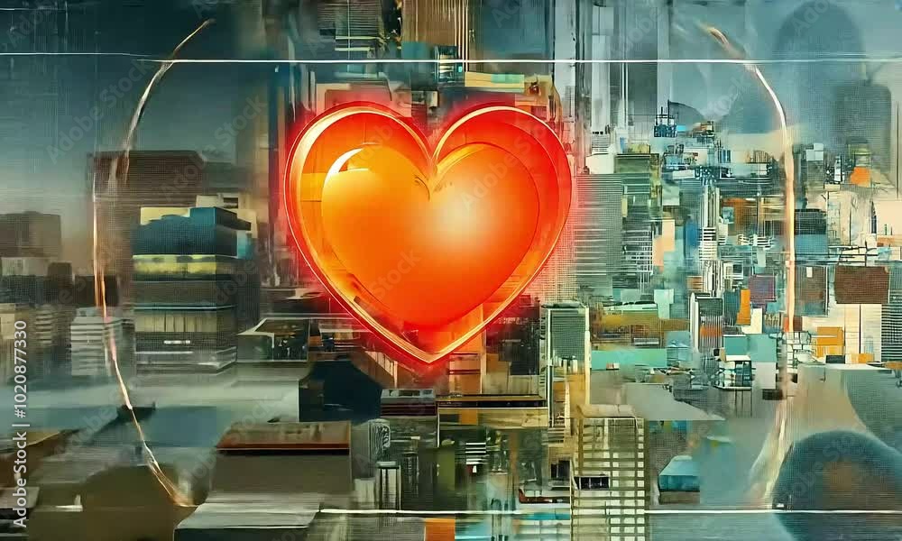 Futuristic Heart in Digital Cityscape with ai generated.


