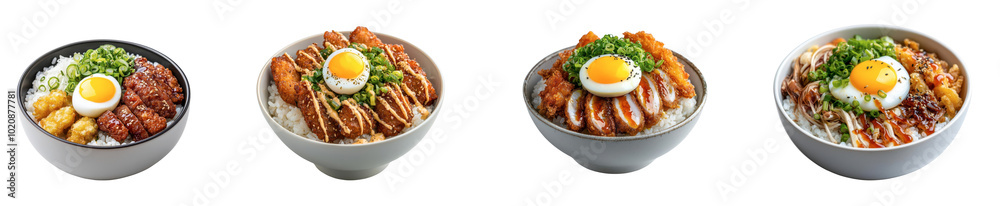 A visually appealing display of four gourmet rice bowls, each featuring distinct ingredients and a perfectly cooked egg, set against a dark background. A visually appealing display of four gourmet rice bowls, each featuring distinct ingredients and a perfectly cooked egg, set against a dark background.